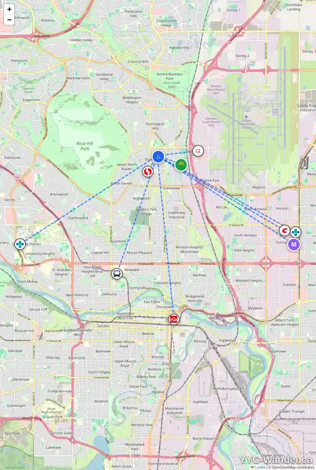 Daily accessibility map for 228 BLACKTHORN RD NW, Calgary showing nearby schools, grocery stores, parks, LRT stations and nearby amenities