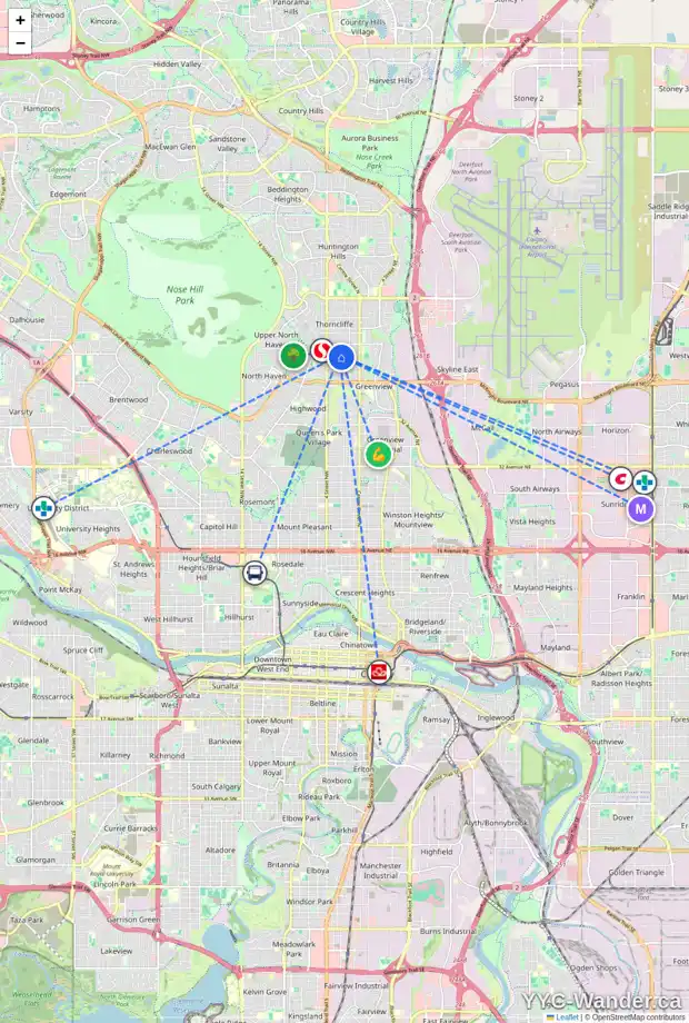 Daily accessibility map for 5423 THORNTON RD NW, Calgary showing nearby schools, grocery stores, parks, LRT stations and nearby amenities