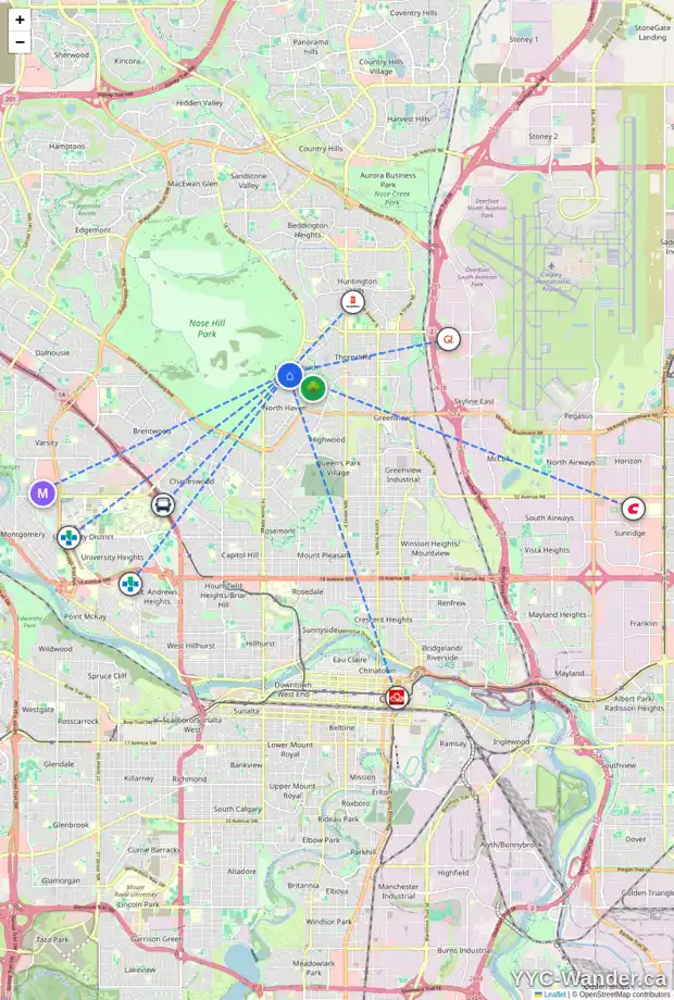 Daily accessibility map for 5807 11 ST NW, Calgary showing nearby schools, grocery stores, parks, LRT stations and nearby amenities