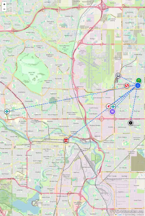 Daily accessibility map for 1284 FALCONRIDGE DR NE, Calgary showing nearby schools, grocery stores, parks, LRT stations and nearby amenities