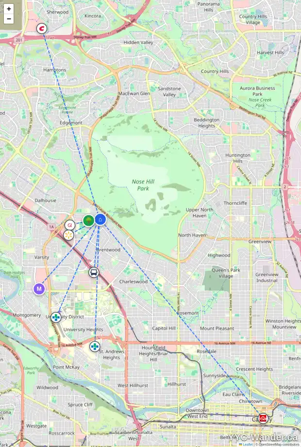Daily accessibility map for 5304 BANNERMAN DR NW, Calgary showing nearby schools, grocery stores, parks, LRT stations and nearby amenities