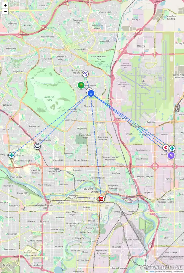 Daily accessibility map for 101 412 HUNTSVILLE CR NW, Calgary showing nearby schools, grocery stores, parks, LRT stations and nearby amenities