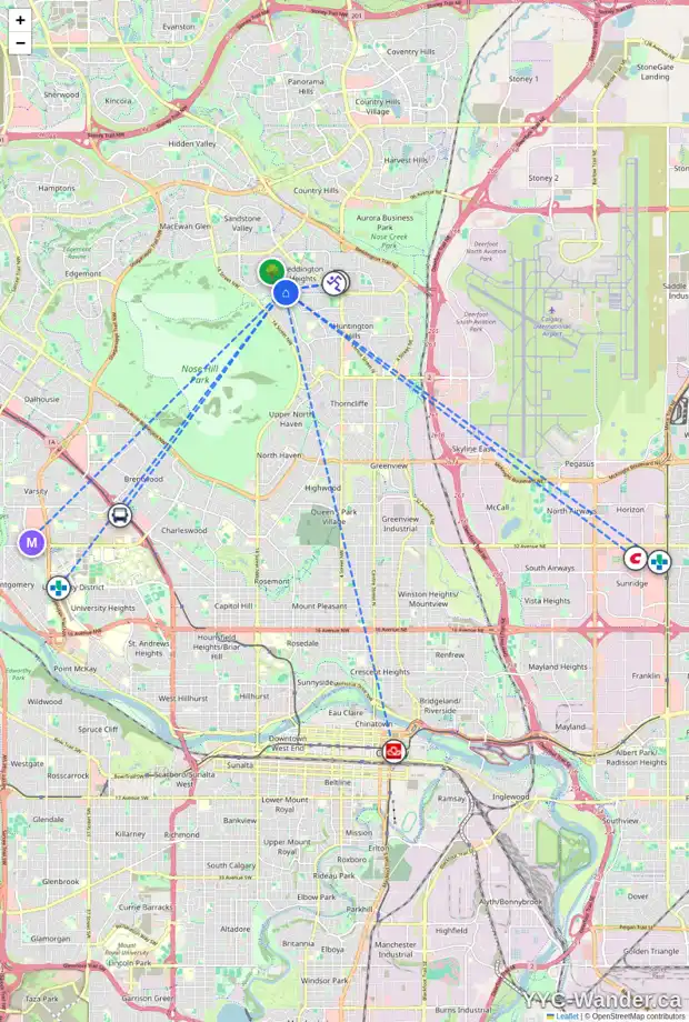 Daily accessibility map for 59 BERMONDSEY RI NW, Calgary showing nearby schools, grocery stores, parks, LRT stations and nearby amenities