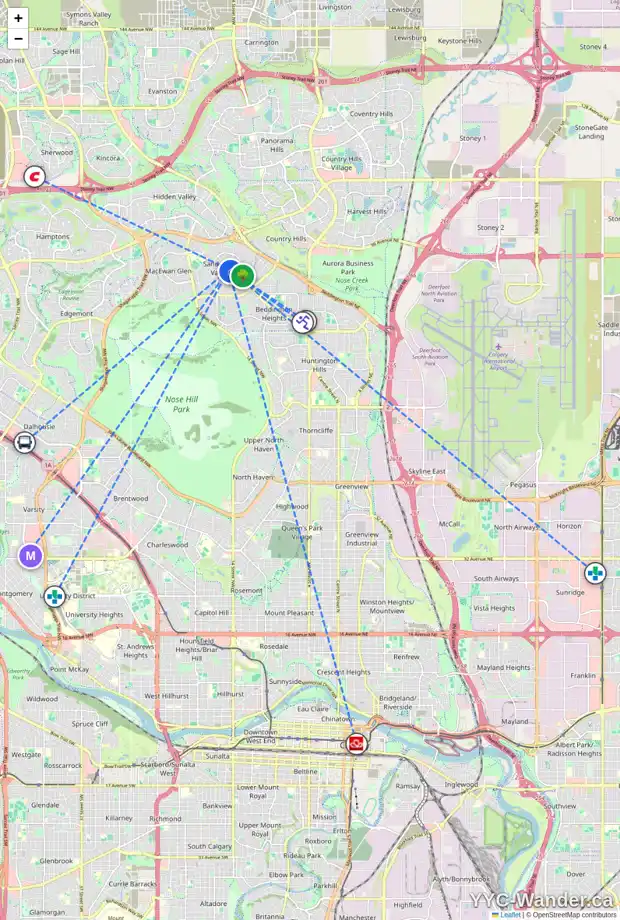 Daily accessibility map for 218 SANDPIPER PL NW, Calgary showing nearby schools, grocery stores, parks, LRT stations and nearby amenities