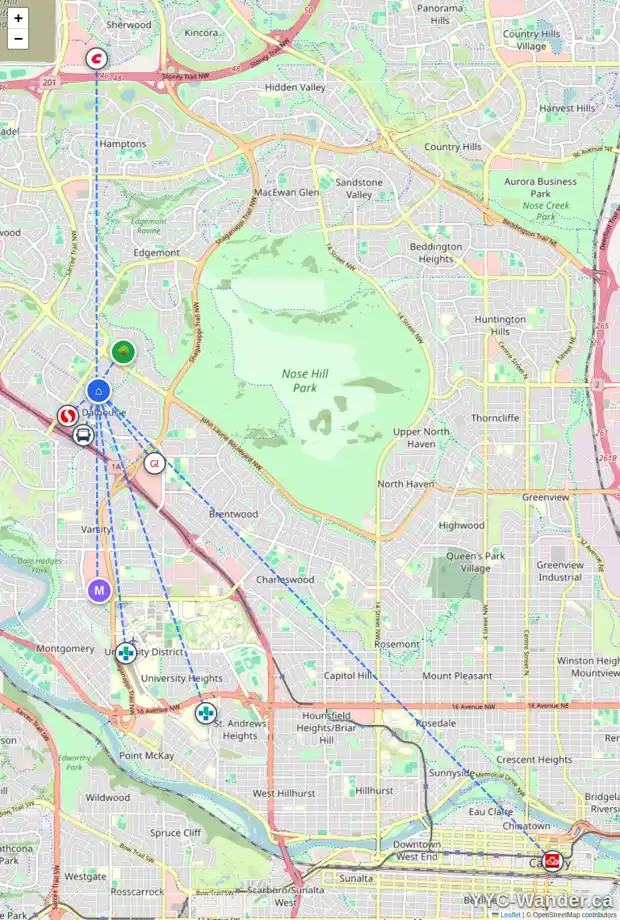Daily accessibility map for 294 DALHURST WY NW, Calgary showing nearby schools, grocery stores, parks, LRT stations and nearby amenities