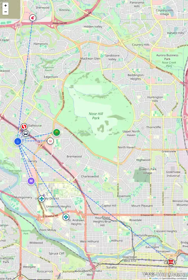 Daily accessibility map for 255 VARSITY ESTATES GV NW, Calgary showing nearby schools, grocery stores, parks, LRT stations and nearby amenities