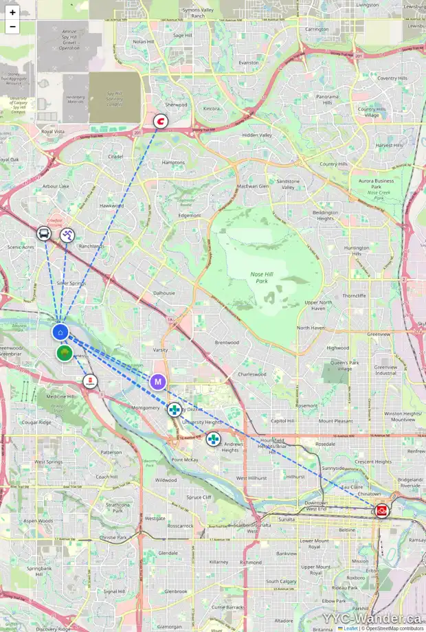Daily accessibility map for 191 BOW GREEN CR NW, Calgary showing nearby schools, grocery stores, parks, LRT stations and nearby amenities