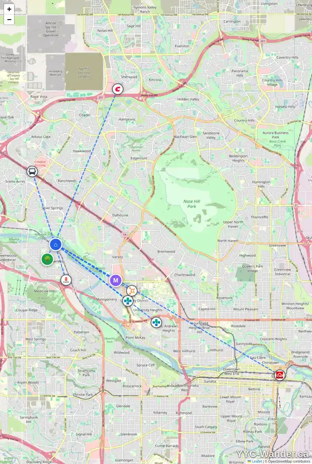 Daily accessibility map for 7308 BOW CR NW, Calgary showing nearby schools, grocery stores, parks, LRT stations and nearby amenities