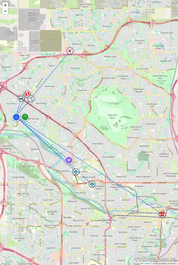 Daily accessibility map for 219 SCENIC ACRES DR NW, Calgary showing nearby schools, grocery stores, parks, LRT stations and nearby amenities