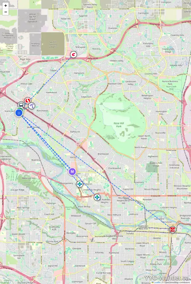 Daily accessibility map for 11 SCENIC ACRES DR NW, Calgary showing nearby schools, grocery stores, parks, LRT stations and nearby amenities
