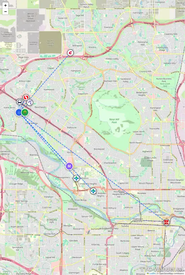 Daily accessibility map for 43 SCENIC GR NW, Calgary showing nearby schools, grocery stores, parks, LRT stations and nearby amenities