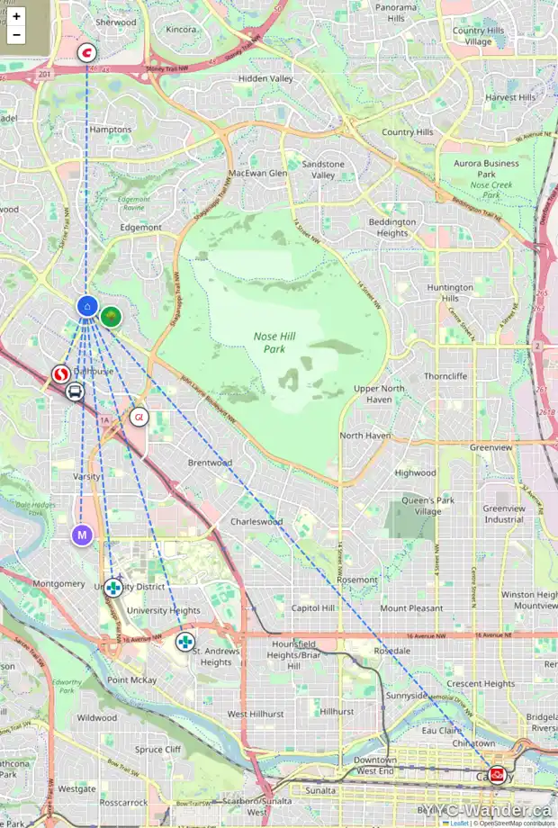 Daily accessibility map for 220 EDGEDALE WY NW, Calgary showing nearby schools, grocery stores, parks, LRT stations and nearby amenities