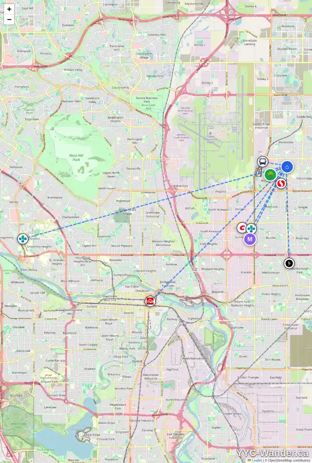 Daily accessibility map for 155 CASTLEGROVE RD NE, Calgary showing nearby schools, grocery stores, parks, LRT stations and nearby amenities