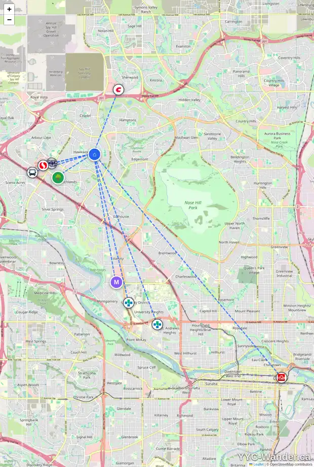 Daily accessibility map for 296 HAWKWOOD BV NW, Calgary showing nearby schools, grocery stores, parks, LRT stations and nearby amenities