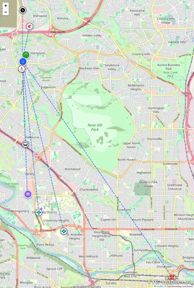 Daily accessibility map for 127 HAMPSHIRE CI NW, Calgary showing nearby schools, grocery stores, parks, LRT stations and nearby amenities