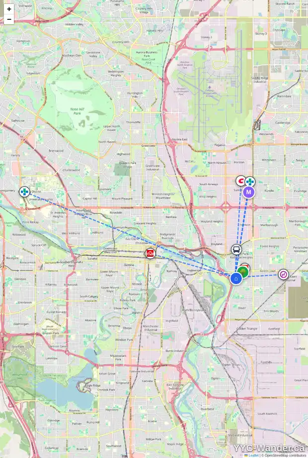 Daily accessibility map for 2030 26 ST SE, Calgary showing nearby schools, grocery stores, parks, LRT stations and nearby amenities