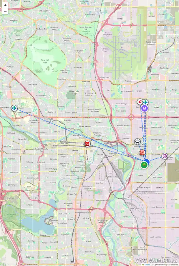 Daily accessibility map for 2501 35 ST SE, Calgary showing nearby schools, grocery stores, parks, LRT stations and nearby amenities