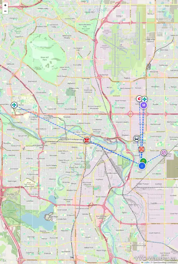 Daily accessibility map for 3202 30A AV SE, Calgary showing nearby schools, grocery stores, parks, LRT stations and nearby amenities