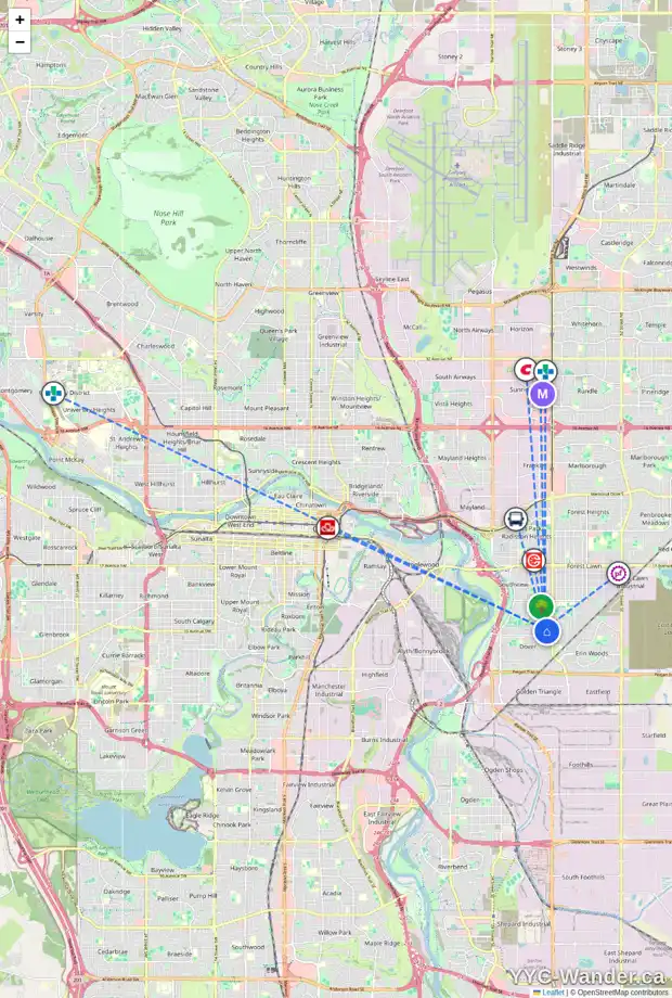 Daily accessibility map for 3427 32A AV SE, Calgary showing nearby schools, grocery stores, parks, LRT stations and nearby amenities