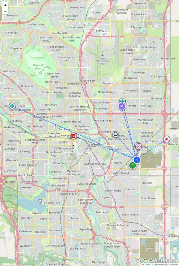 Daily accessibility map for 27 ERIN GROVE PL SE, Calgary showing nearby schools, grocery stores, parks, LRT stations and nearby amenities