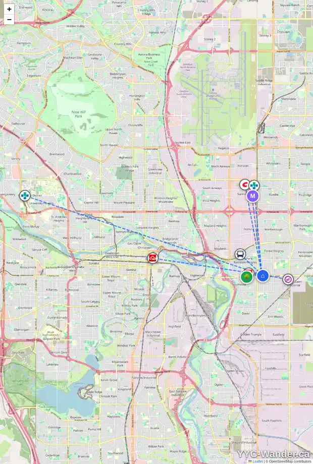 Daily accessibility map for 1728 38 ST SE, Calgary showing nearby schools, grocery stores, parks, LRT stations and nearby amenities