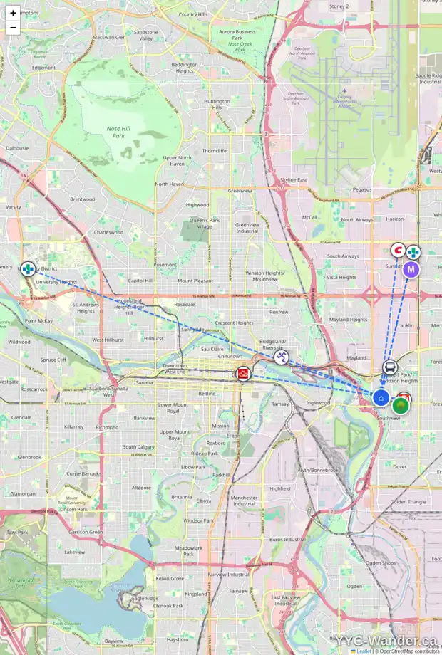 Daily accessibility map for 2564 15 AV SE, Calgary showing nearby schools, grocery stores, parks, LRT stations and nearby amenities