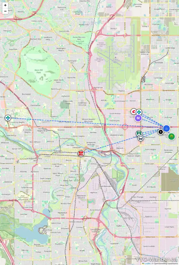 Daily accessibility map for 243 MANORA DR NE, Calgary showing nearby schools, grocery stores, parks, LRT stations and nearby amenities