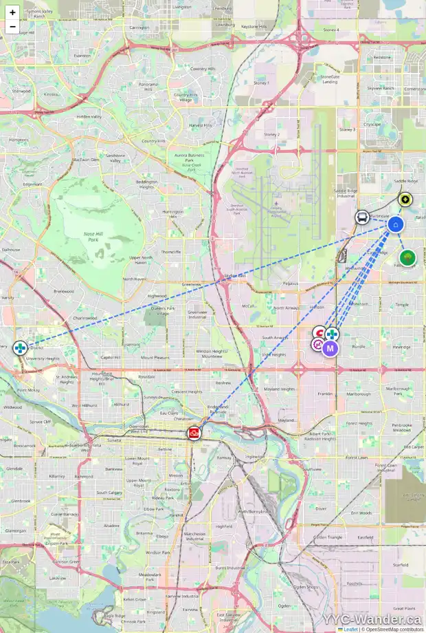 Daily accessibility map for 127 MARTINWOOD CO NE, Calgary showing nearby schools, grocery stores, parks, LRT stations and nearby amenities