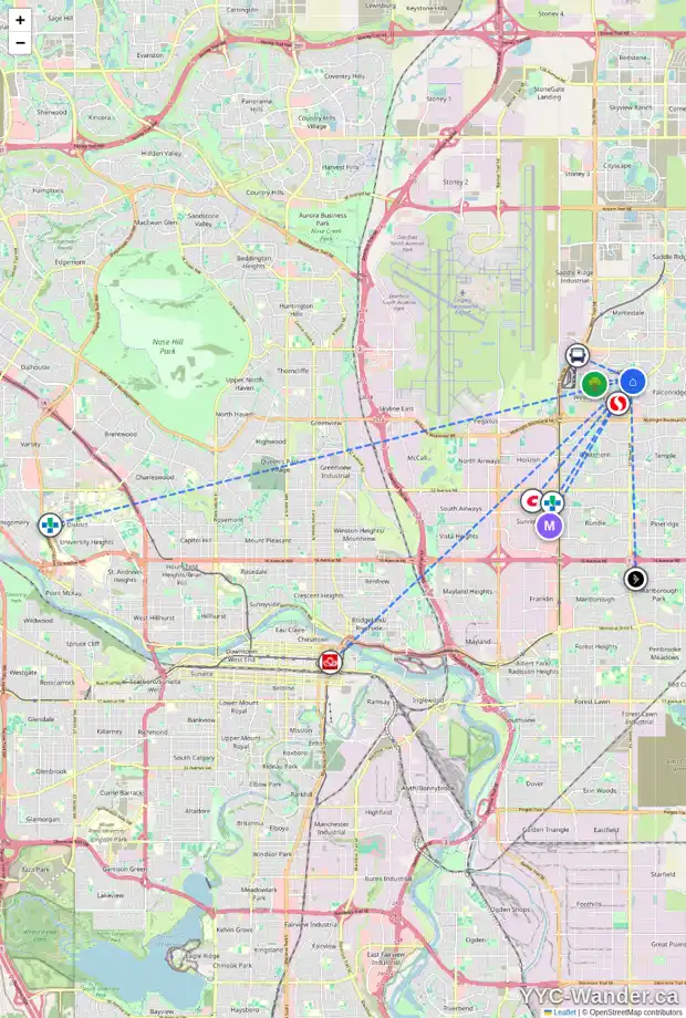 Daily accessibility map for 24 CASTLEGLEN WY NE, Calgary showing nearby schools, grocery stores, parks, LRT stations and nearby amenities