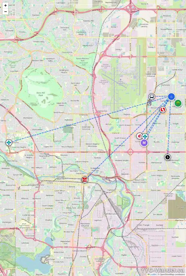 Daily accessibility map for 108 CASTLERIDGE RD NE, Calgary showing nearby schools, grocery stores, parks, LRT stations and nearby amenities