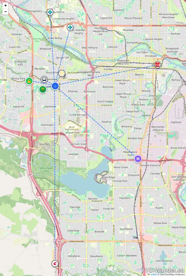 Daily accessibility map for 2208 KELWOOD DR SW, Calgary showing nearby schools, grocery stores, parks, LRT stations and nearby amenities