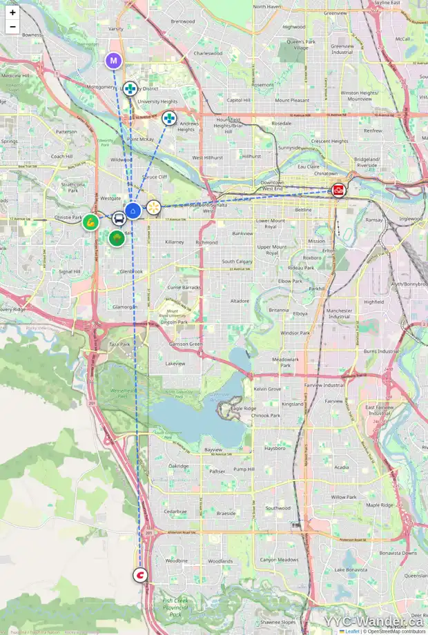 Daily accessibility map for 1425 42 ST SW, Calgary showing nearby schools, grocery stores, parks, LRT stations and nearby amenities