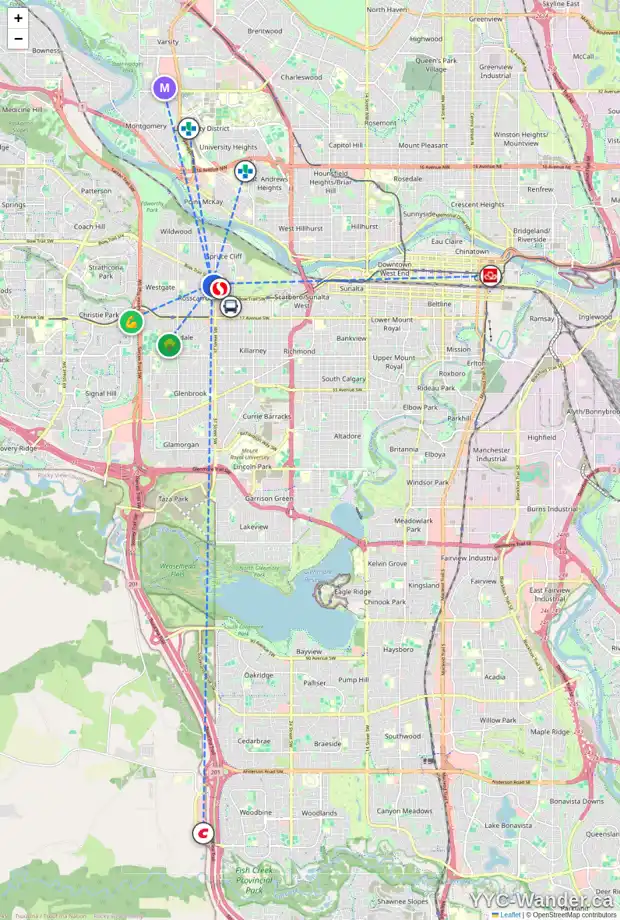 Daily accessibility map for 920A 38 ST SW, Calgary showing nearby schools, grocery stores, parks, LRT stations and nearby amenities
