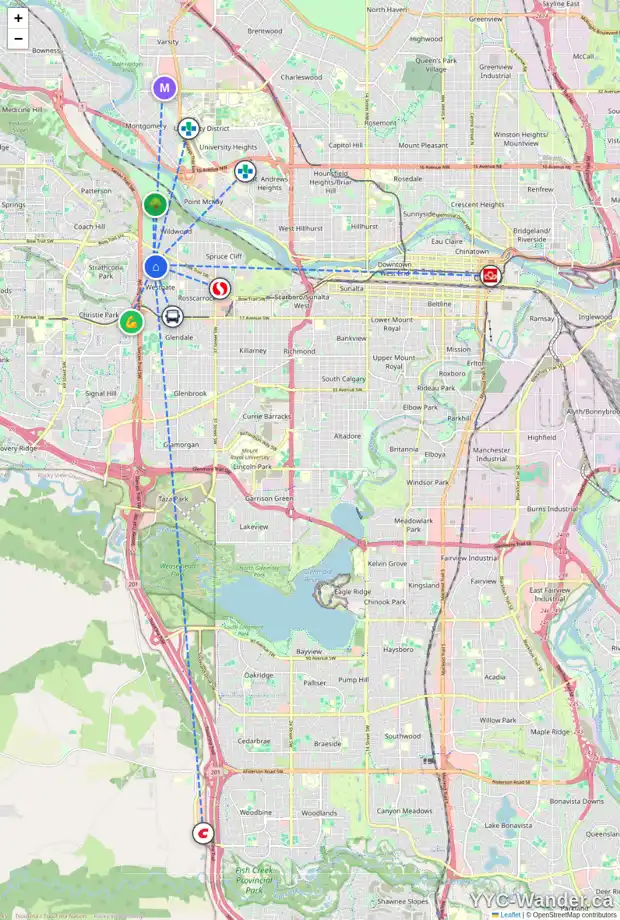 Daily accessibility map for 107 WESTOVER DR SW, Calgary showing nearby schools, grocery stores, parks, LRT stations and nearby amenities