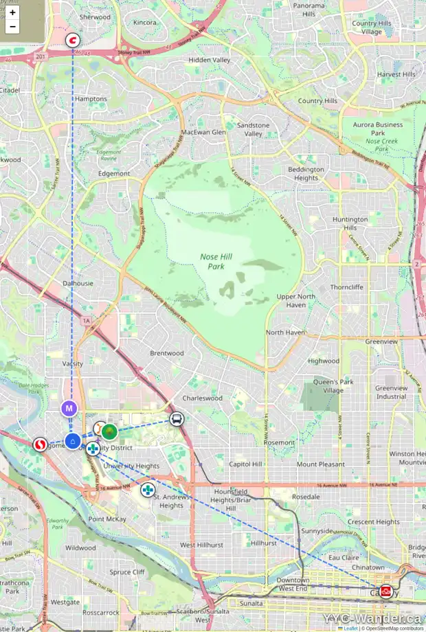 Daily accessibility map for 4719 23 AV NW, Calgary showing nearby schools, grocery stores, parks, LRT stations and nearby amenities