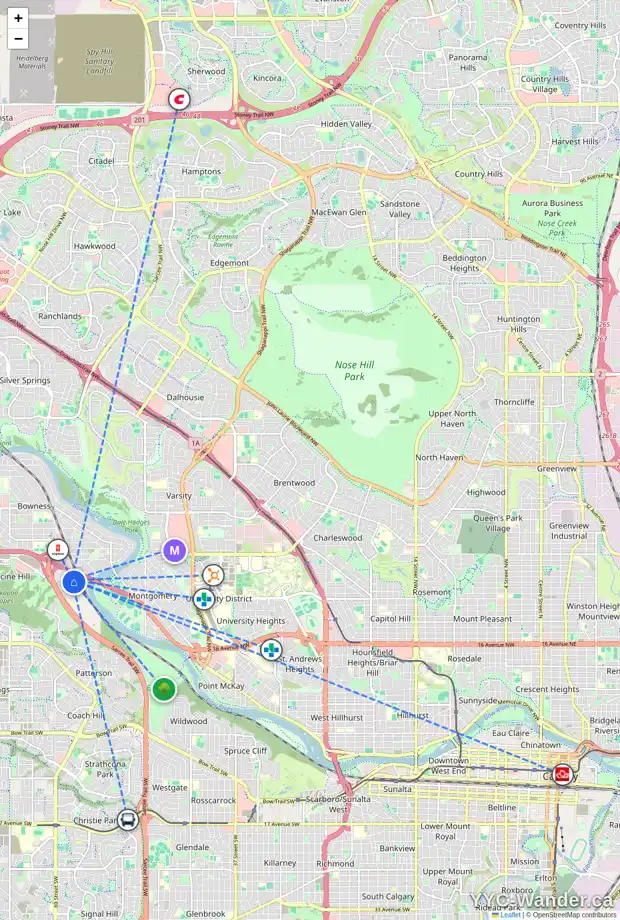 Daily accessibility map for 144 BOWDALE CR NW, Calgary showing nearby schools, grocery stores, parks, LRT stations and nearby amenities