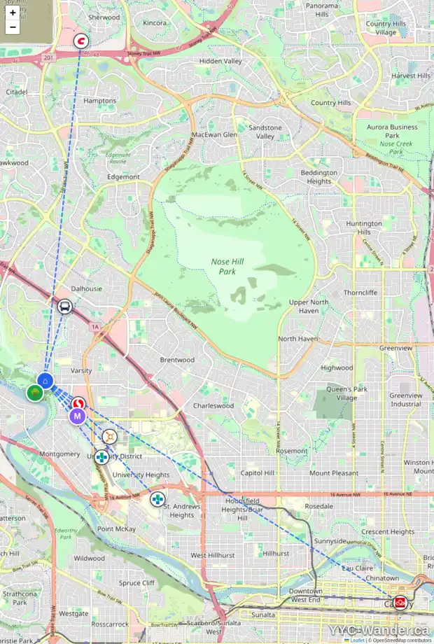 Daily accessibility map for 164 VARSITY CR NW, Calgary showing nearby schools, grocery stores, parks, LRT stations and nearby amenities