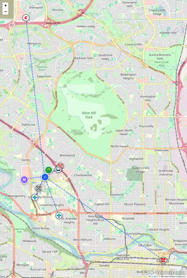 Daily accessibility map for 3516 VARAL RD NW, Calgary showing nearby schools, grocery stores, parks, LRT stations and nearby amenities