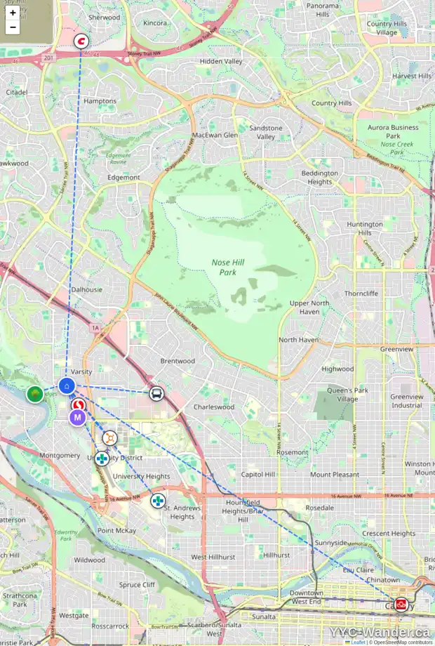 Daily accessibility map for 5216 40 AV NW, Calgary showing nearby schools, grocery stores, parks, LRT stations and nearby amenities