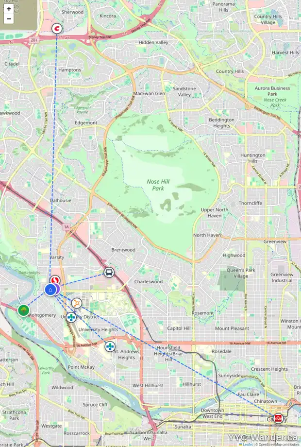 Daily accessibility map for 33 3302 50 ST NW, Calgary showing nearby schools, grocery stores, parks, LRT stations and nearby amenities