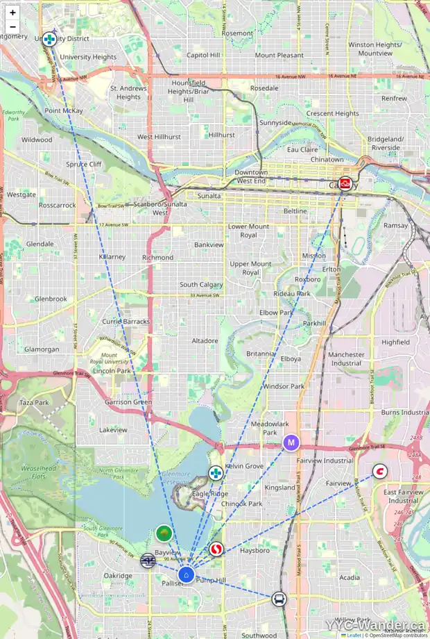 Daily accessibility map for 108 9449 19 ST SW, Calgary showing nearby schools, grocery stores, parks, LRT stations and nearby amenities
