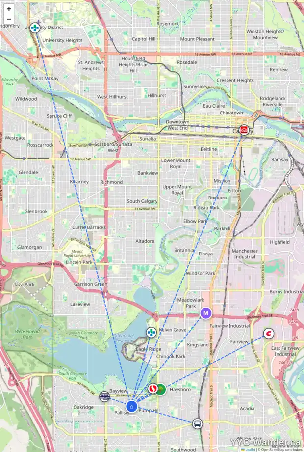 Daily accessibility map for 208 9449 19 ST SW, Calgary showing nearby schools, grocery stores, parks, LRT stations and nearby amenities