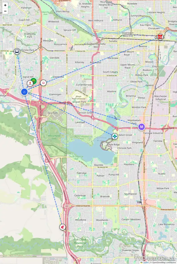 Daily accessibility map for 71 SIERRA NEVADA CL SW, Calgary showing nearby schools, grocery stores, parks, LRT stations and nearby amenities