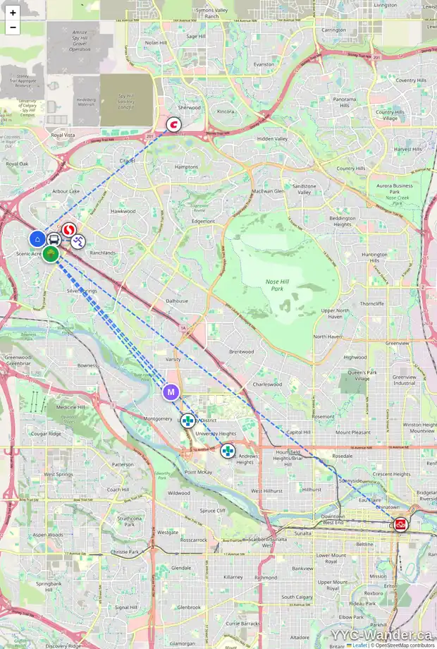 Daily accessibility map for 205 SCOTIA PT NW, Calgary showing nearby schools, grocery stores, parks, LRT stations and nearby amenities