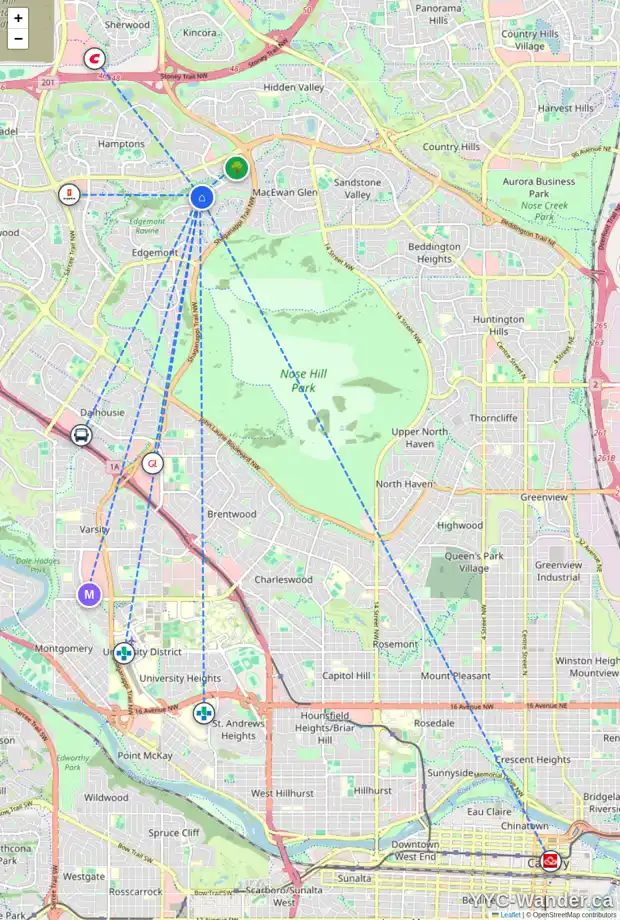 Daily accessibility map for 9111 EDGEBROOK DR NW, Calgary showing nearby schools, grocery stores, parks, LRT stations and nearby amenities