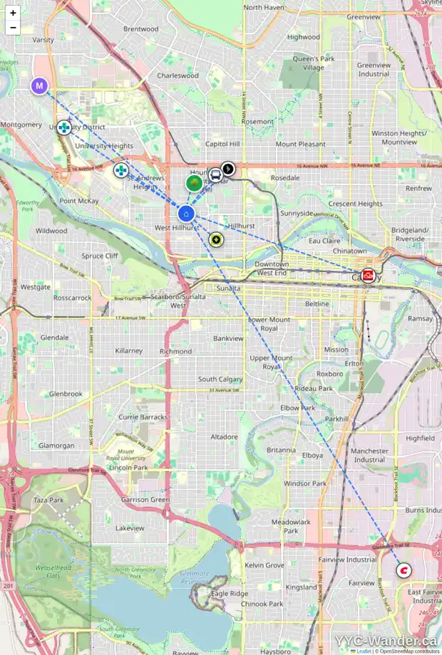 Daily accessibility map for 618 22 ST NW, Calgary showing nearby schools, grocery stores, parks, LRT stations and nearby amenities