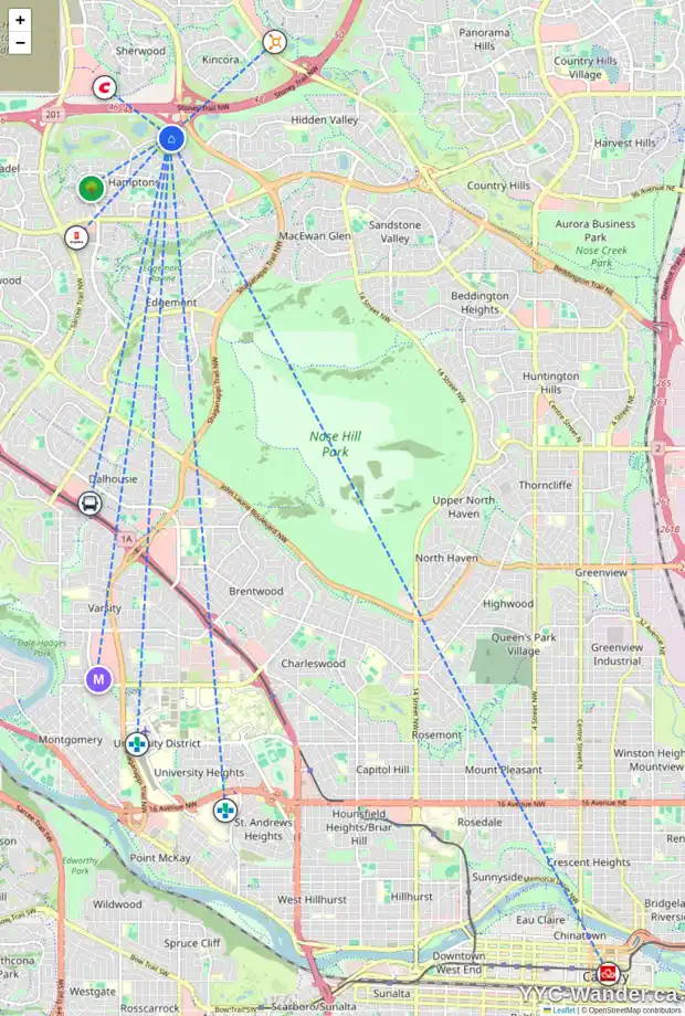 Daily accessibility map for 16 HAMPTONS BA NW, Calgary showing nearby schools, grocery stores, parks, LRT stations and nearby amenities