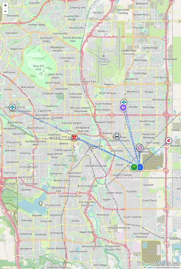Daily accessibility map for 663 ERIN WOODS DR SE, Calgary showing nearby schools, grocery stores, parks, LRT stations and nearby amenities