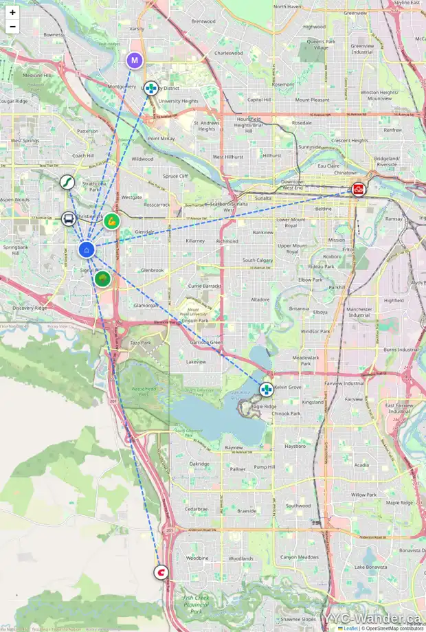 Daily accessibility map for 75 SIENNA HEIGHTS WY SW, Calgary showing nearby schools, grocery stores, parks, LRT stations and nearby amenities