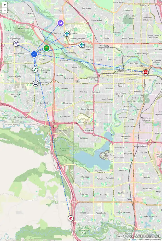 Daily accessibility map for 17 6841 COACH HILL RD SW, Calgary showing nearby schools, grocery stores, parks, LRT stations and nearby amenities